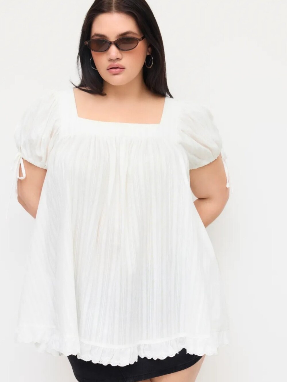 Cider White Cotton-Blend Square Neck Ruffle Dress